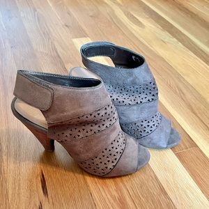 Brown Suede Laser Cutout Peep-Toe Heels, Size 8